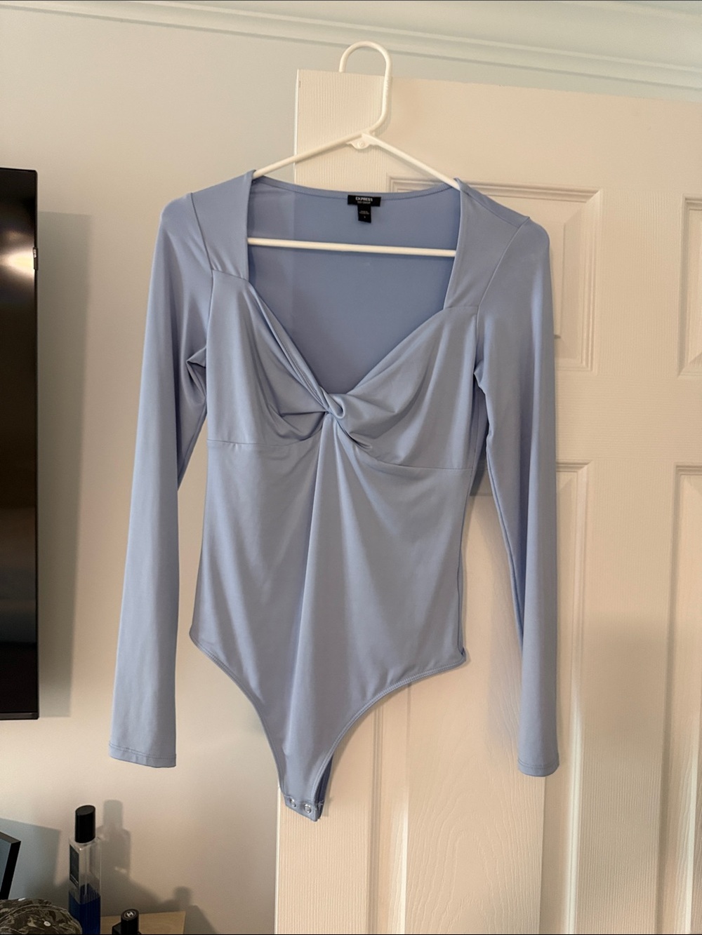 Express Light Blue Twist-Front Long Sleeve Bodysuit